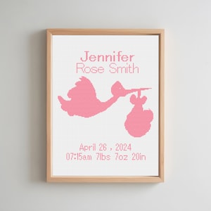 Girl Baby Birth Cross Stitch, Baby Announcement  Cross Stitch, Baby Stork Cross Stitch, Baby Personalized Pattern, Gifts For Baby Pattern