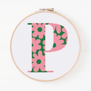 Letter P, Cross Stitch Alphabet Pattern, Floral Monogram, Counted Cross Stitch, Initial Embroidery, Easy Cross Pattern, Digital Download PDF