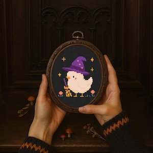 Witchy Chicken Cross Stitch Pattern, Cute Halloween Chicken Embroidery, Witch Bird Stitch, Mini Cross Stitch, Whimsical Cross Stitch Pattern