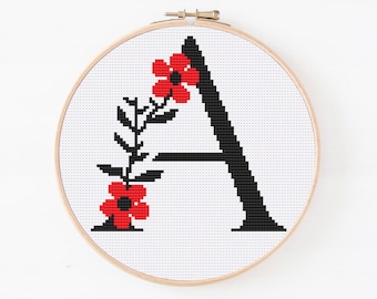Floral Letter A Cross Stitch Pattern, Monogram A Cross Stitch, Initial Embroidery, Capital Letter Pattern, Alphabet Pattern, Digital Pattern
