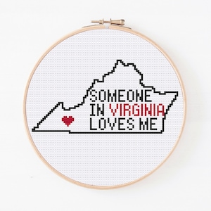 Virginia State Map Cross Stitch, Modern Cross Stitch Pattern, Someone In Virginia Loves Me Pattern, Counted Cross Stitch, Digital Pattern