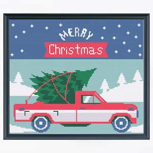 Christmas Truck Cross Stitch Pattern, Merry Christmas Red Truck Pattern, Modern Cross Stitch, Christmas Tree Pattern , Xmas Homed Decor Gift