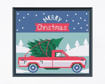 Christmas Truck Cross Stitch Pattern, Merry Christmas Red Truck Pattern, Modern Cross Stitch, Christmas Tree Pattern , Xmas Homed Decor Gift