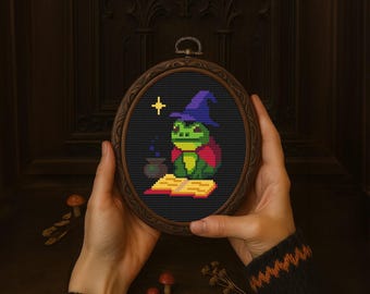 Wizard Frog Cross Stitch Pattern, Cute Halloween Frog Embroidery with Magic Book and Cauldron, Witchy Cottagecore DIY Art, Instant Download