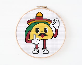 Funny Taco Cross Stitch Pattern, Modern Stitch Pattern, Food Lover Cross Stitch, Download PDF Pattern, Taco Cartoon Pattern, Easy Pattern