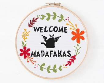 Välkommen Madafakas korsstygnsmönster, svart katt korsstygn, roligt korsstygn, blommigt korsstygn, katt korsstygn, digitalt mönster