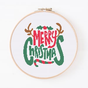 Merry Christmas Cross Stitch Pattern, Christmas Ornament, Xmas Merry Christmas Embroidery, Modern Cross Stitch, Easy Winter Cross Stitch PDF