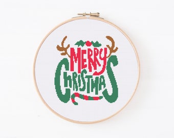 Merry Christmas Cross Stitch Pattern, Christmas Ornament, Xmas Merry Christmas Embroidery, Modern Cross Stitch, Easy Winter Cross Stitch PDF