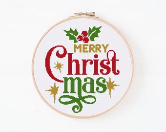 Merry Christmas Cross Stitch Pattern, Xmas Cross Stitch PDF, Christmas Lettering Embroidery, Modern Cross Stitch, Mistletoe Cross Stitch