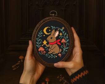 Gothic Bunny Cross Stitch Pattern, Moon and Mushroom, Forest Animal Pattern, Easter Hares, Cute Farm Animals, Floral Bunny Embroidery PDF