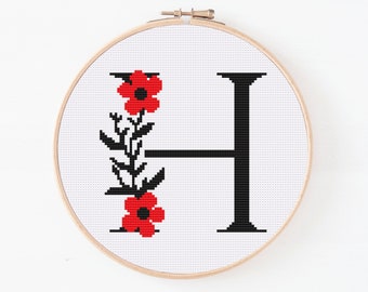 Blumen Buchstabe H Kreuzstichmuster, Monogramm H Kreuzstich, Anfangsstickerei, Großbuchstabe Muster, Alphabet Muster, Digitales Muster