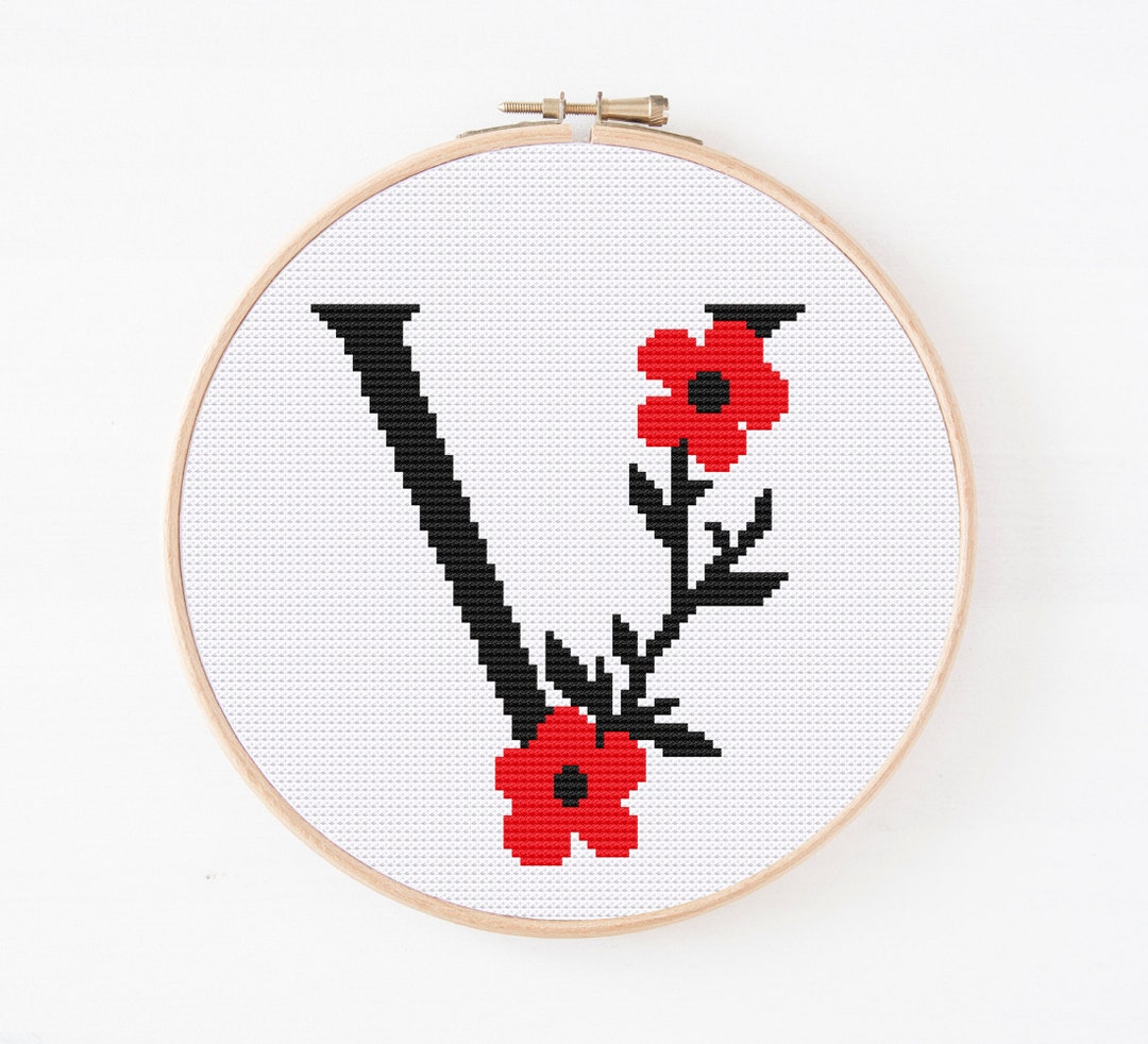 Floral Letter V Cross Stitch Pattern, Monogram V Cross Stitch, Initial ...