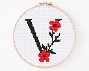 Floral Letter V Cross Stitch Pattern, Monogram V Cross Stitch, Initial Embroidery, Capital Letter Pattern, Alphabet Pattern, Digital Pattern