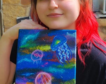 Galaxy Jellyfish Painting – 8x10 Original Acrylic Art – Cosmic Ocean Wall Decor – Colorful Space Jellyfish Artwork