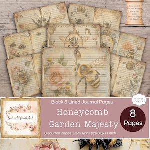 Bee Nature Junk Journal Pages, Bee Junk Journal, Honey Garden Flowers, Black Lined Printable Digital Paper for Crafter & Journal Enthusiasts