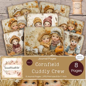 Może przedstawiać: Zestaw ośmiu stron dziennika z ilustracjami dzieci w jesiennych strojach. Strony zatytułowane są "Cornfield Cuddly Crew" i zawierają obrazy dzieci z dyniami i jagniętami. Strony mają wymiary 21,59 x 27,94 cm.