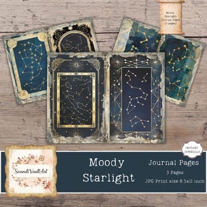 Celestial Junk Journal-pagina's | Efemere digitale dierenriem | Afdrukbare kit Moody Starlight Constellations voor tarot, hekserij en astrologie
