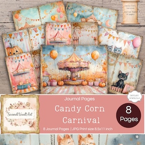Puede incluir: Una colección de ocho páginas de diario en acuarela con un tema de carnaval vintage. Las páginas presentan ilustraciones de un carrusel, calabazas, globos y carpas de circo en suaves colores pastel. El texto en las páginas dice "Candy Corn Carnival".