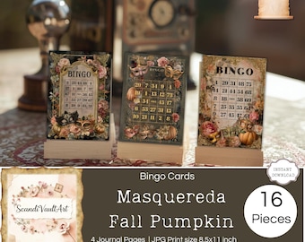 Tarjetas de bingo para eventos sociales, baile de máscaras de Halloween, bingo de otoño, actividad imprimible para fiestas, bingo descargable, festividades de otoño