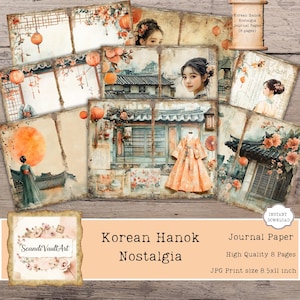 May include: A collection of vintage-style journal pages with a Korean Hanok theme. The pages feature illustrations of traditional Korean architecture, women in hanboks, and floral accents. The text on the pages reads "Korean Hanok Nostalgia" and "Journal Paper".