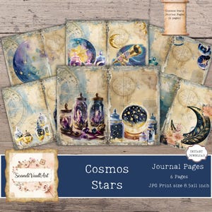 Cosmos Stars Junk Journal Pages – afdrukbare hemelse kit met kristallen, maanstanden, sterrenkaarten – digitale ephemeraset
