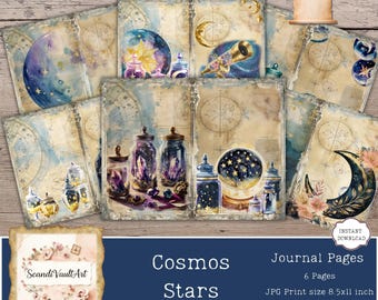May include: Cosmos Stars journal pages with watercolour illustrations of celestial elements. The pages feature a vintage map design, jars with crystals, and a starry globe. The text on the image reads "Cosmos Stars Journal Pages 6 Pages JPG Print size 21.59x27.94 cm."