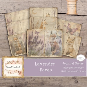 May include: A collection of vintage-style journal pages featuring illustrations of foxes, lavender, and butterflies. The pages have a lined design and are printed on aged paper. The text on the pages reads "Lavender Foxes Journal Pages".