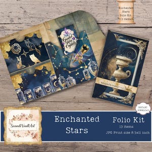 Könnte beinhalten: Ein "Enchanted Stars Folio Kit" mit 13 Artikeln, mit einem himmlischen Thema. Das Kit enthält illustrierte Karten mit Sternbildern, Gläsern mit Sternen und dem Text "Guided Stars Crystals". Das Design beinhaltet goldene Akzente und eine Vintage-Ästhetik.