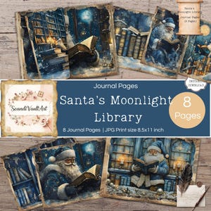 Könnte beinhalten: Eine Sammlung von acht Journalseiten mit Illustrationen von Santa Claus, der in einer mondbeschienenen Bibliothek liest. Die Illustrationen haben eine Vintage-Ästhetik mit einem Blau- und Braunschema. Der Text lautet "Santa's Moonlight Library".