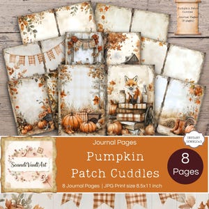 Puede incluir: Un conjunto de ocho páginas de diario con temática otoñal, con calabazas, un zorro y hojas. Las páginas tienen un estilo vintage con el texto "Pumpkin Patch Cuddles" y "8 Pages". La imagen mide 21,59 x 27,94 cm.