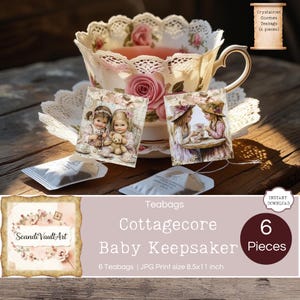 Pode incluir: Uma chávena de chá vintage com um design floral, acompanhada por seis saquetas de chá com ilustrações de crianças. A imagem inclui o texto "Cottagecore Baby Keepsaker" e "6 Pieces". As saquetas de chá medem 21,59 x 27,94 cm.