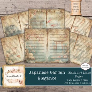 Peut inclure: Ensemble de six pages lignées sur le thème du jardin japonais. Les pages présentent des illustrations d'architecture japonaise, de fleurs de cerisier et de carpes koï. Le texte "Japanese Garden Elegance" est affiché.