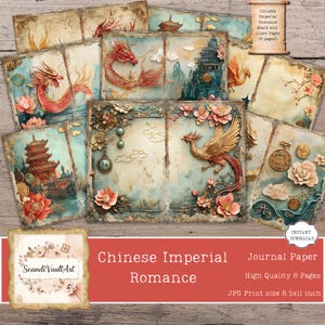 Pfingstrosen Junk-Journal, chinesisches Drache und Phönix, Vintage Blumen Ephemera, druckbare Pfingstrosen, Schmetterling, Scrapbooking Kit