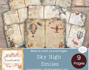 Junk Journal Printable Retro Travel: Vintage Airplane Teddy Bear Scrapbook, Black Lined Journal Pages, Adventure Theme Diary, Unique Gift