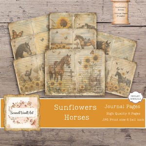 May include: A collection of vintage-style journal pages featuring illustrations of sunflowers and horses. The pages have a lined design and are adorned with butterflies. The text on the image reads "Sunflowers Horses Journal Pages" and "High Quality 8 Pages". The pages are 8.5x11 inches.