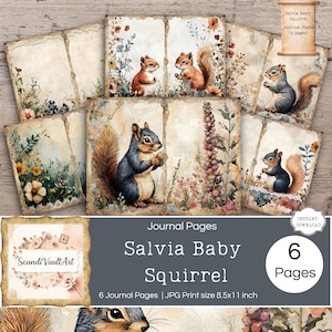 Könnte beinhalten: Eine Sammlung von Journalseiten im Vintage-Stil mit Aquarellillustrationen von Eichhörnchen und floralen Elementen. Die Seiten haben ein gealtertes, abgenutztes Aussehen. Der Text auf den Seiten lautet "Salvia Baby Squirrel" und "6 Pages". Druckgröße 21,59 x 27,94 cm.