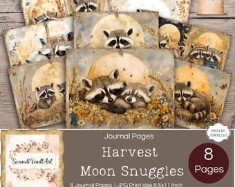 Harvest Moon Snuggles, Raccoon Mom and Baby Journal Pages, Junk Journal Supplies, Scrapbooking Printables, Crafting Kit
