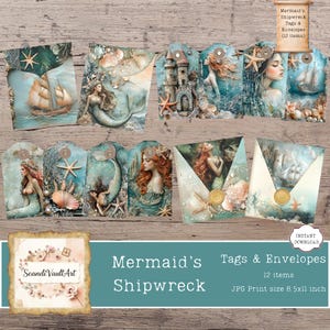 Mini Envelopes Junk Journal, Mermaid&#39;s Shipwreck Theme, Digital Printable Tags, Crafting Supplies, Ephemera, DIY Project, Unique Design