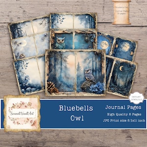 May include: A set of "Bluebells Owl" journal pages with watercolour illustrations. The pages depict owls, moons, and forest scenes in shades of blue and white. The image text reads "Journal Pages" and "High Quality 8 Pages".