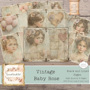 Puede incluir: Un conjunto de páginas de diario de estilo vintage con ilustraciones de niñas y detalles florales. Las páginas están rayadas y presentan el texto "Vintage Baby Rose Black and Lined Pages". La imagen también incluye el texto "Instant Download".