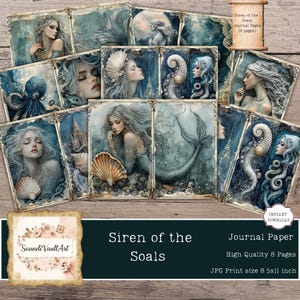 May include: A collection of journal pages featuring watercolor illustrations of mermaids, seashells, and marine life in shades of blue and gray. The text "Siren of the Soals" and "Journal Paper" are displayed. The pages are 8.5x11 inches.