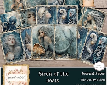 May include: A set of journal pages with watercolour illustrations of mermaids, seashells, and marine life in blue and grey tones. The text "Siren of the Soals" and "Journal Paper" are displayed. The pages are 21.6 x 27.9 cm.
