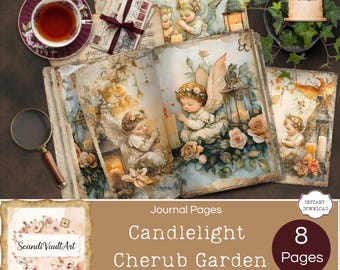 shabby chic rose junk journal, vintage printable victorian candlelight cherub angel memory keepsake pages for art journaling gift