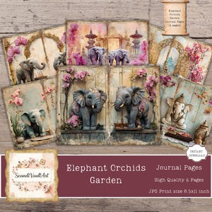 Digitaal afvaldagboek, olifant, orchideeën, hemelse efemere tuin, afdrukbare sterrenkaart, boho, mystiek papier, vintage sterrendagboek