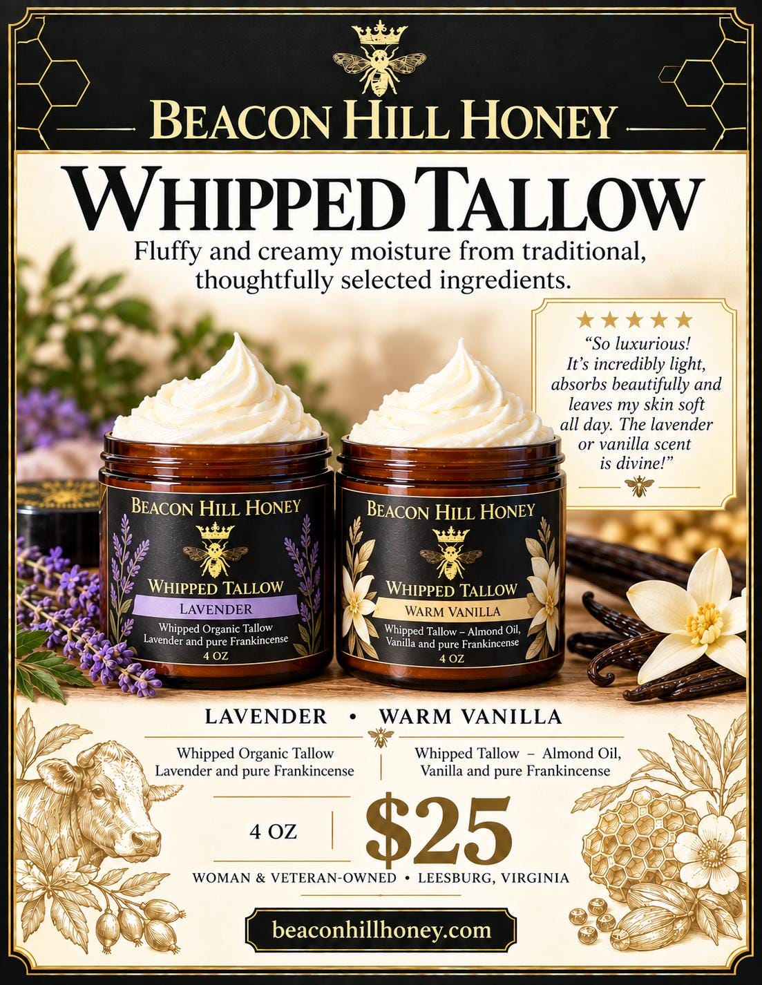 100% Pure Whipped Grass-Fed Tallow Cream (available in Rose, Sandalwood, Lavender and Vanilla)