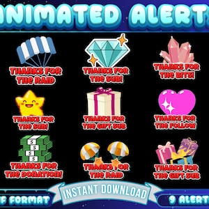 9 x ANIMATED Twitch Alerts, Basic Twitch Alerts, Animated Alerts for Streamers, OBS Alerts, Stream Elements Alerts, Streamer Alerts, Kawaii