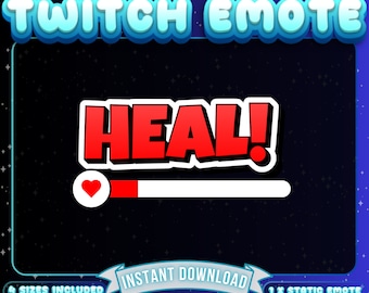 Könnte beinhalten: Ein Twitch-Emote mit einem roten und weißen animierten Fortschrittsbalken und einem roten Herzen. Der Text "HEAL!" ist in einer roten Comic-Schriftart.