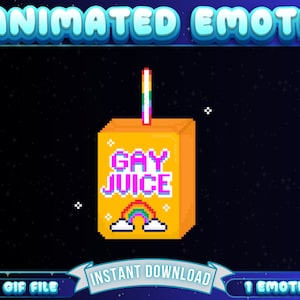 Op de afbeelding: Geanimeerde GIF van een gepixelde cartoon-sapdoos met een rietje. De sapdoos is geel en heeft de woorden "Gay Juice" erop gedrukt in roze en paars. Een regenboog is zichtbaar aan de onderkant van de doos.