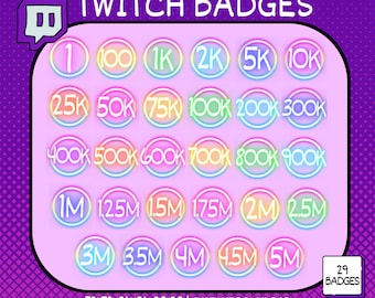 May include: A set of 29 Twitch badges in various sizes, featuring a rainbow gradient and white outline. The badges display follower milestones from 1 to 5 million.