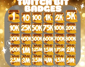 May include: Thirty gold treasure chest bit badges for Twitch, showing the number of bits required to unlock each badge. The badges range from 1 to 5 million bits.